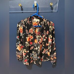 LOFT Black Floral Smocked Yoke Blouse with Red, Orange and Cream Blooms